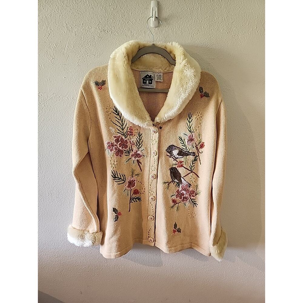 Storybook Knits Vintage Beige Cottage Core Grandma Floral Cardigan Beaded Medium